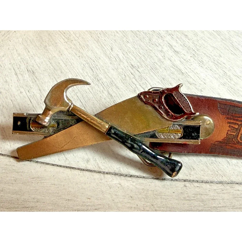 1981 Great American Buckle Co Carpenter Hammer Saw Level Belt Buckle 41” VTG